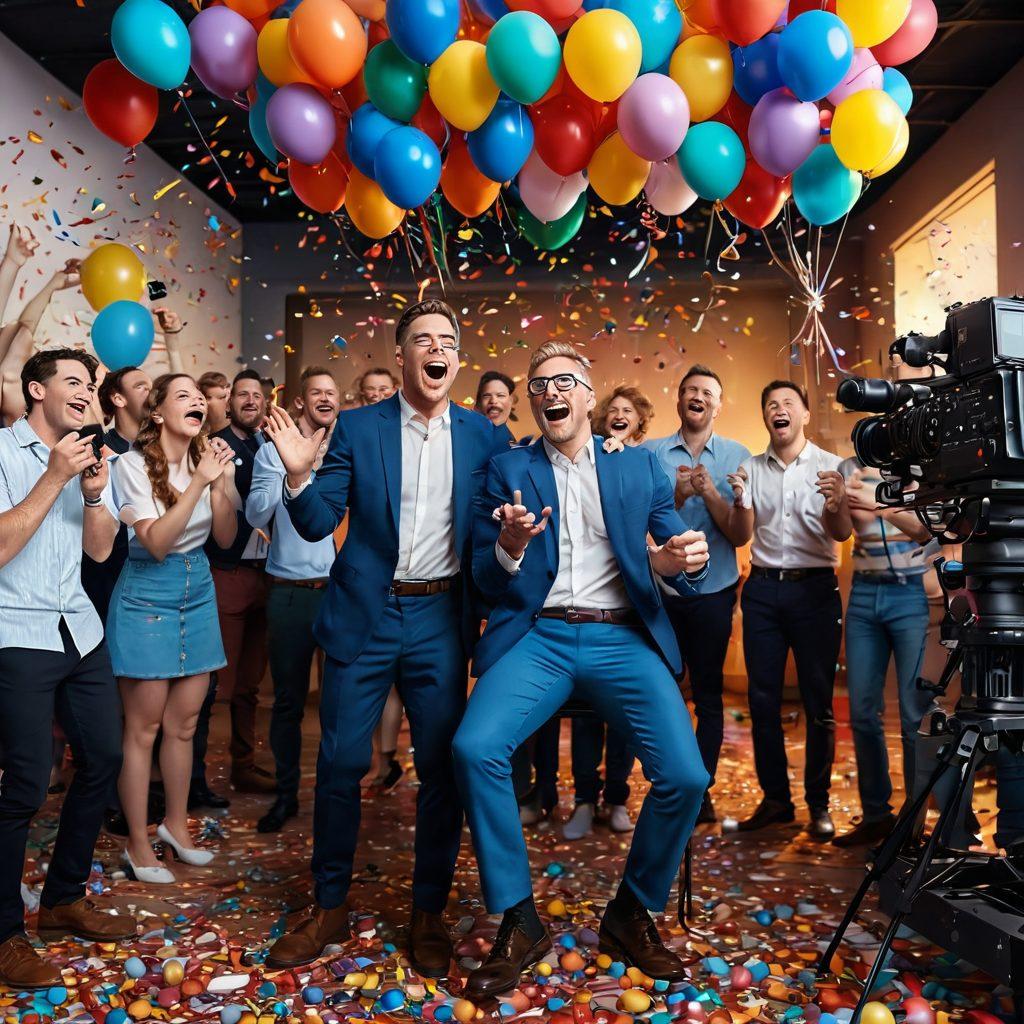 A vibrant film set filled with colorful lighting, directors and cinematographers working together, capturing moments of laughter and joy with a camera in the foreground. In the background, a crew celebrating a successful shot, balloons and confetti falling around them. The overall scene radiates happiness and creativity. super-realistic. vibrant colors. 3D.